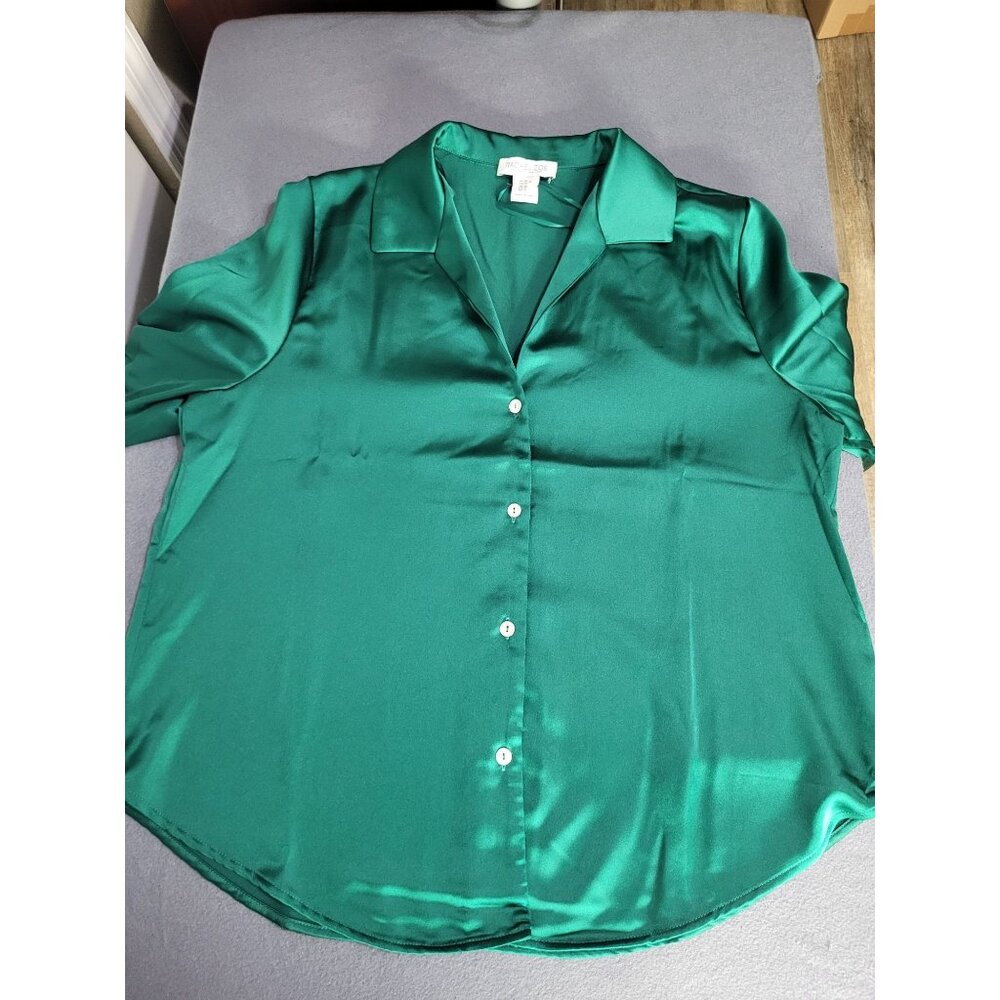 Rachel Zoe XL Satin Green Button Down Blouse Holiday Glam Jewel Tone Secretary - Picture 8 of 8